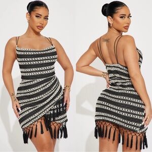Cowl Neck Boho Mini Crochet Dress (Black/Cream) XS